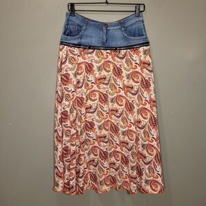Mixed Media Faux Denim Maxi Skirt Y2K Boho Indie, Women's Size S, Blue Multi